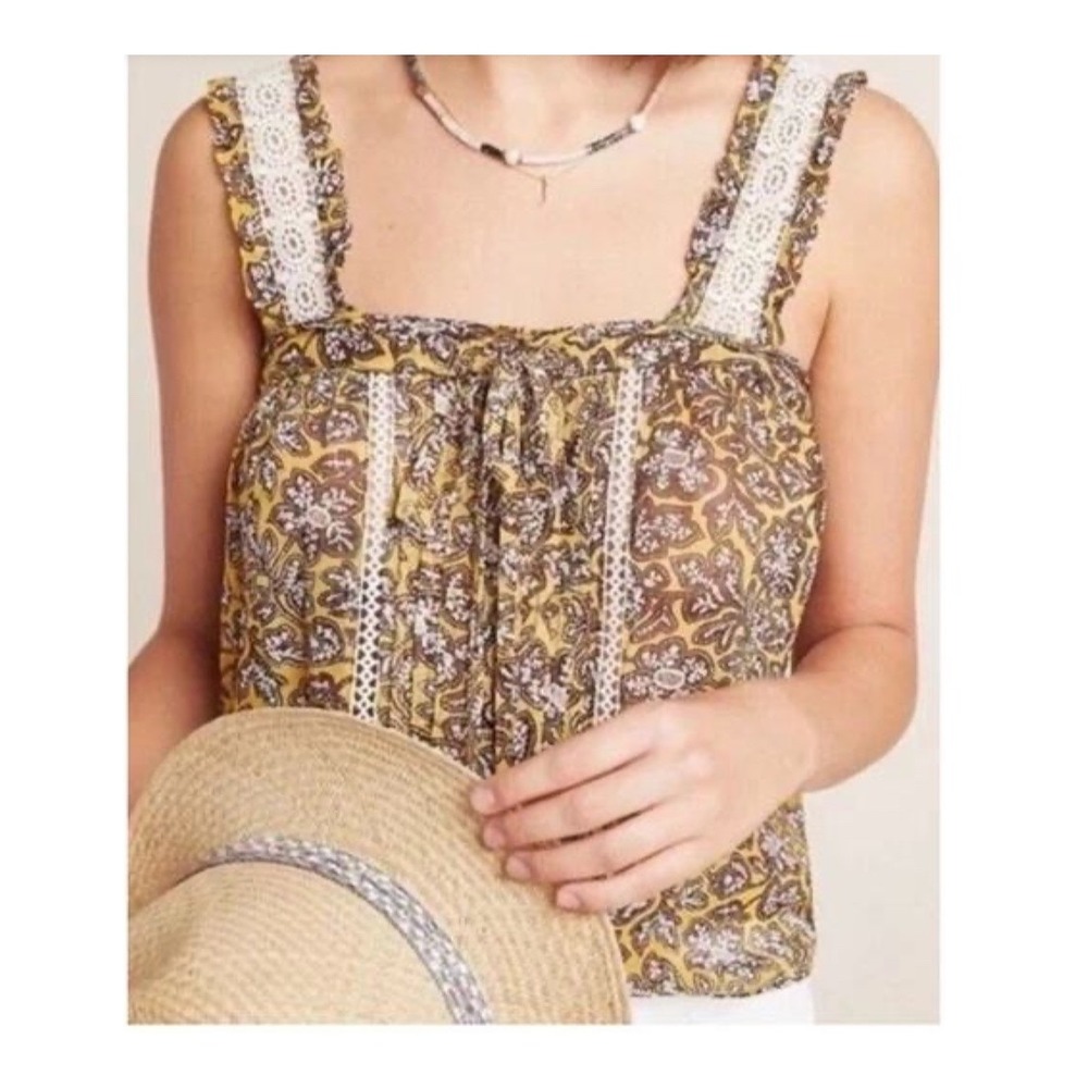 Anthropologie Yellow Floral Lace Trim Tank Top Womens 10 Excellent